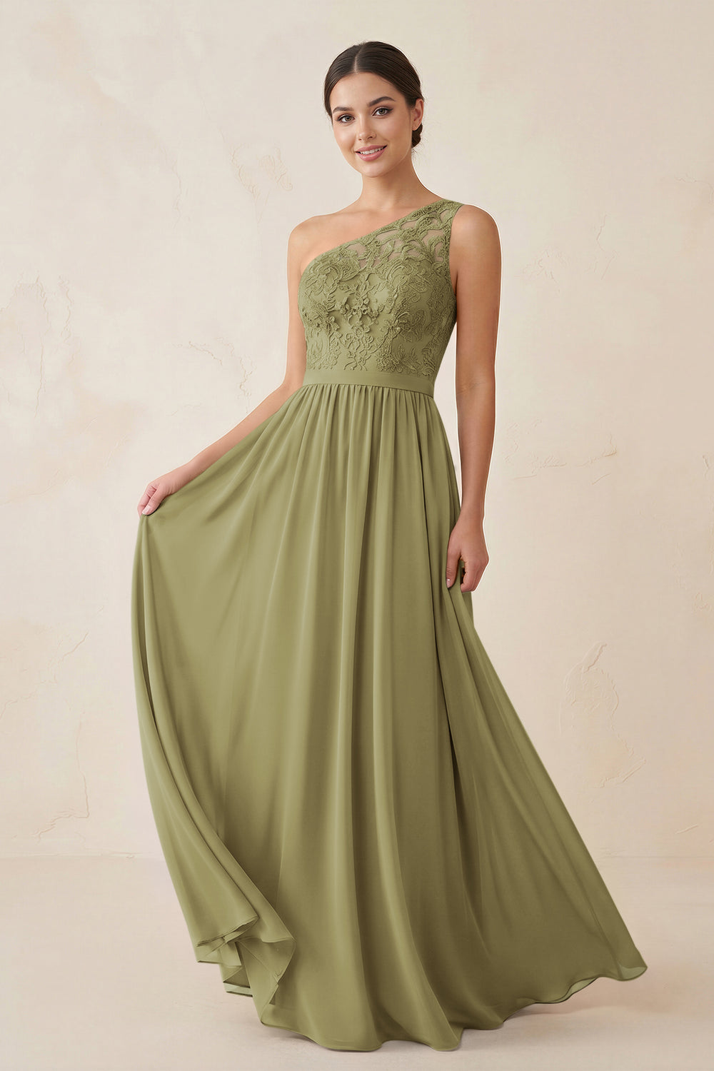 One-Shoulder Lace Chiffon A-Line Bridesmaid Dress in Moss Green
