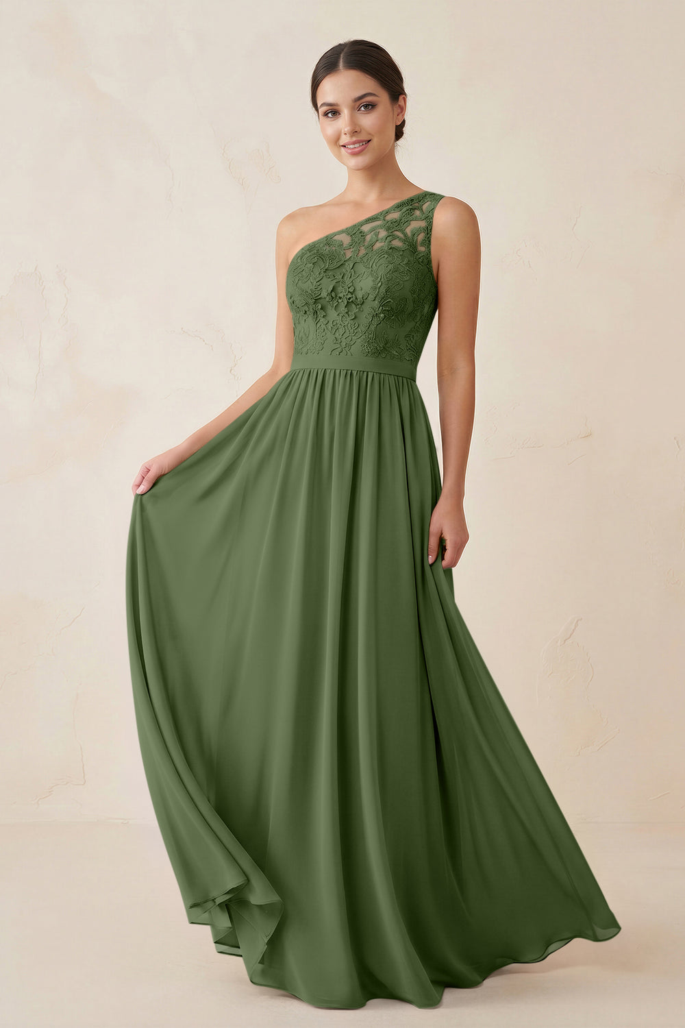 One-Shoulder Lace Chiffon A-Line Bridesmaid Dress in Moss