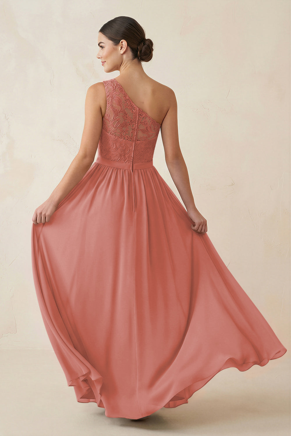 One-Shoulder Lace Chiffon A-Line Bridesmaid Dress in Mulberry