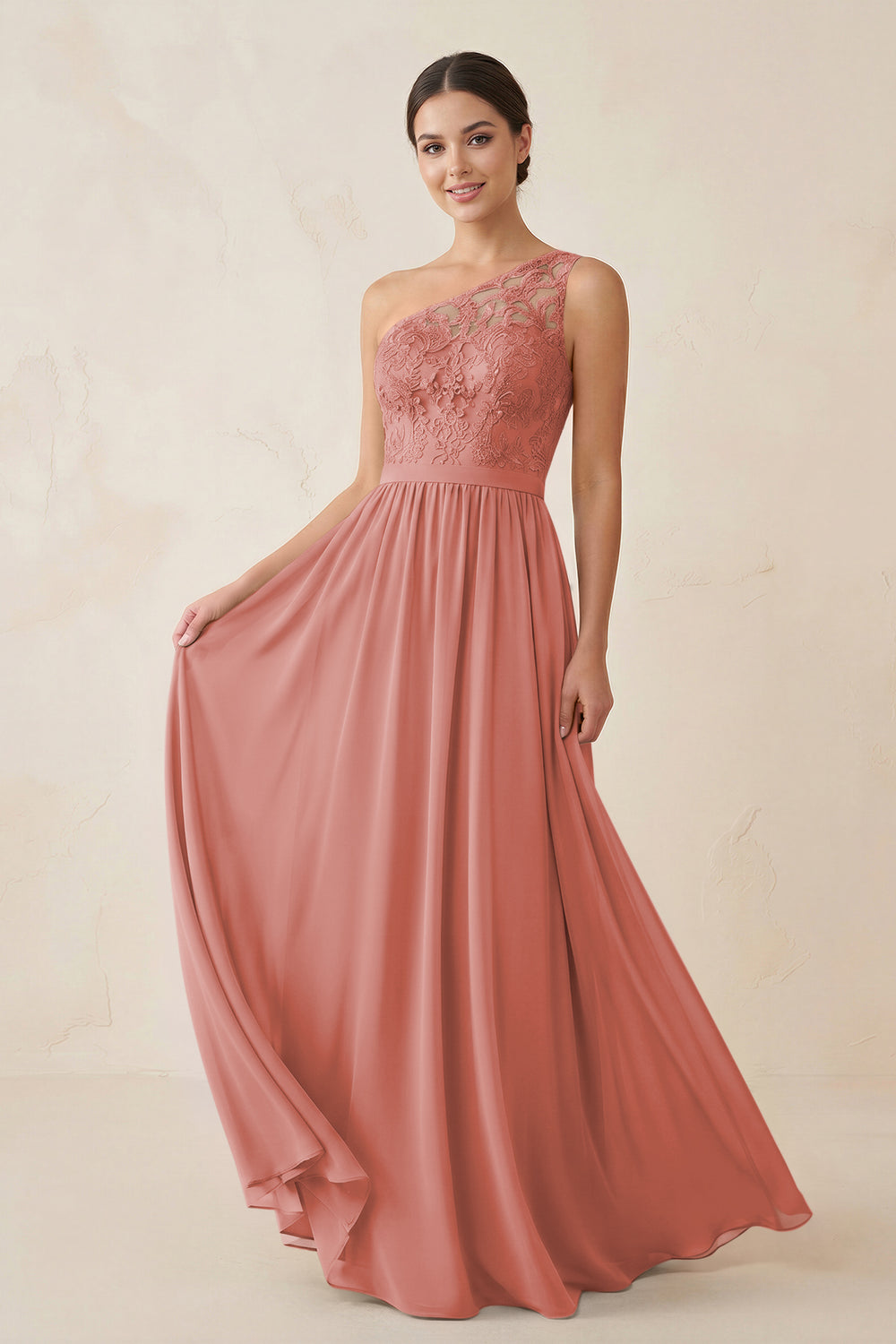 One-Shoulder Lace Chiffon A-Line Bridesmaid Dress in Mulberry