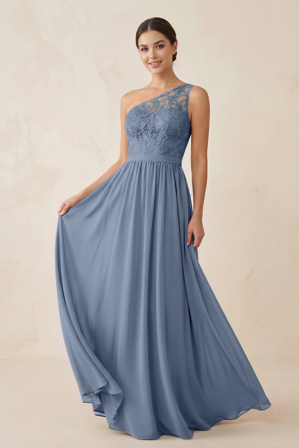 One - Shoulder Lace Chiffon A - Line Bridesmaid Dress in Neptune - KISS BRIDAL Bridesmaid Dresses