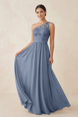 One - Shoulder Lace Chiffon A - Line Bridesmaid Dress in Neptune - KISS BRIDAL Bridesmaid Dresses