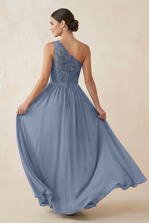 One - Shoulder Lace Chiffon A - Line Bridesmaid Dress in Neptune - KISS BRIDAL Bridesmaid Dresses