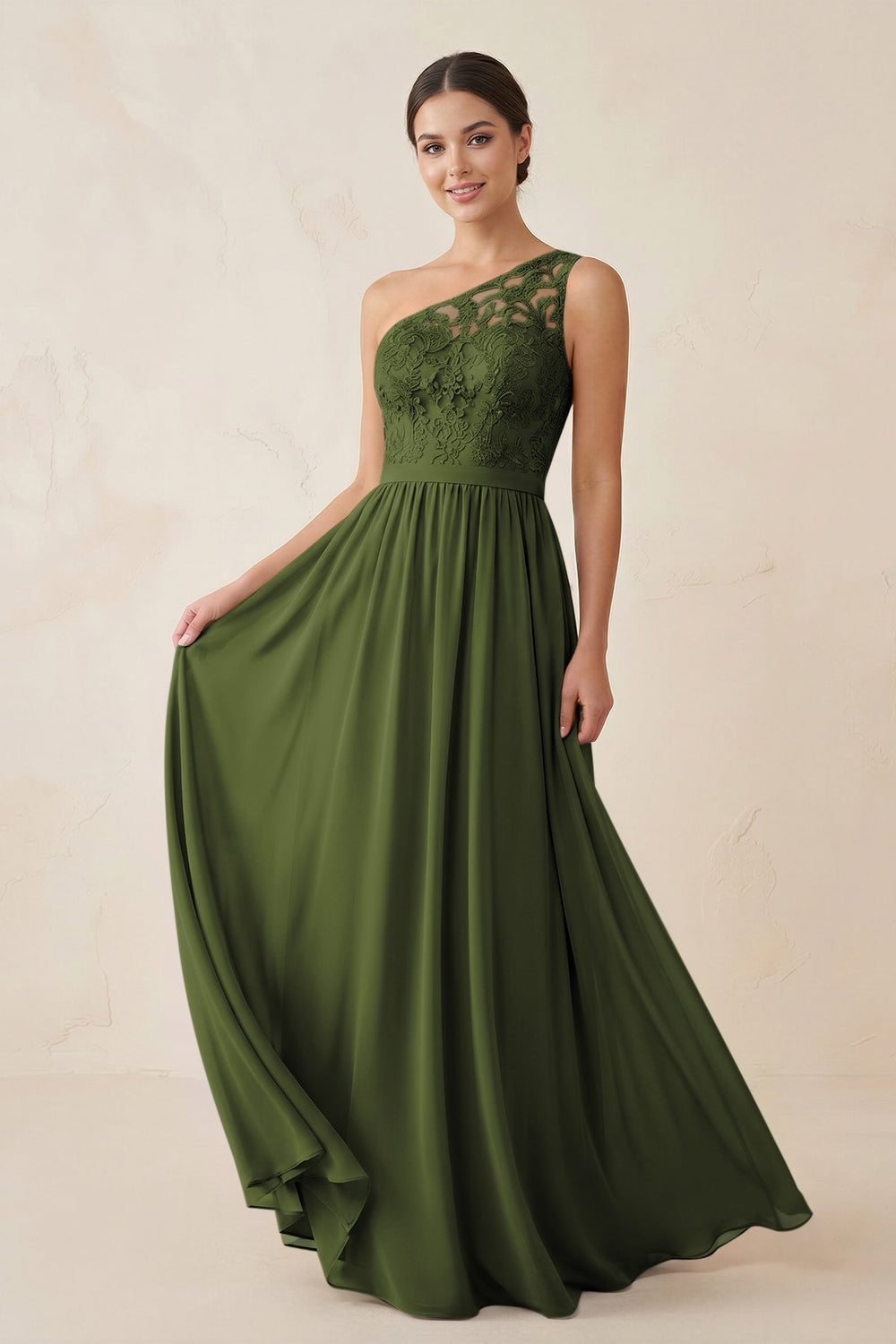 One - Shoulder Lace Chiffon A - Line Bridesmaid Dress in Olive - KISS BRIDAL Bridesmaid Dresses