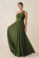 One - Shoulder Lace Chiffon A - Line Bridesmaid Dress in Olive - KISS BRIDAL Bridesmaid Dresses