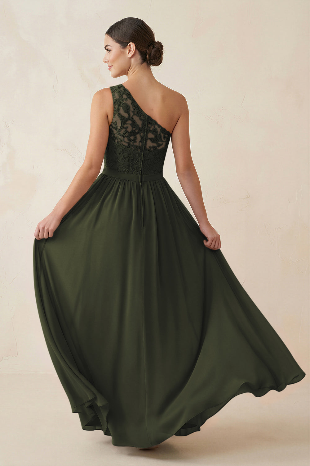 One-Shoulder Lace Chiffon A-Line Bridesmaid Dress in Olive