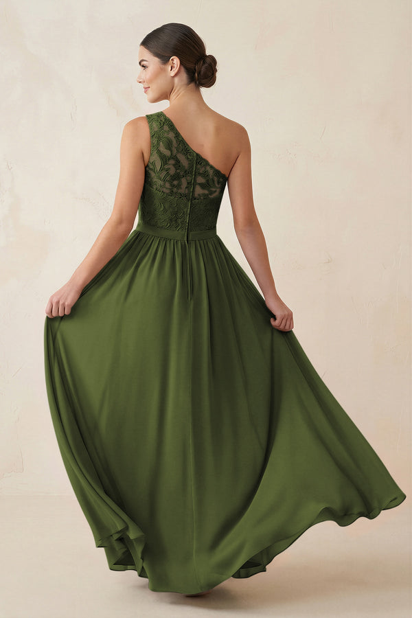 One - Shoulder Lace Chiffon A - Line Bridesmaid Dress in Olive - KISS BRIDAL Bridesmaid Dresses