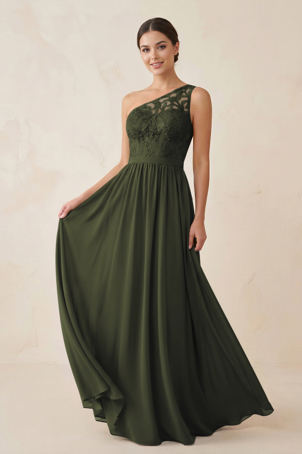 One-Shoulder Lace Chiffon A-Line Bridesmaid Dress in Olive