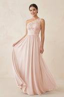 One - Shoulder Lace Chiffon A - Line Bridesmaid Dress in Pale Blush - KISS BRIDAL Bridesmaid Dresses