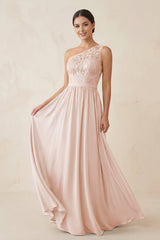 One - Shoulder Lace Chiffon A - Line Bridesmaid Dress in Pale Blush - KISS BRIDAL Bridesmaid Dresses