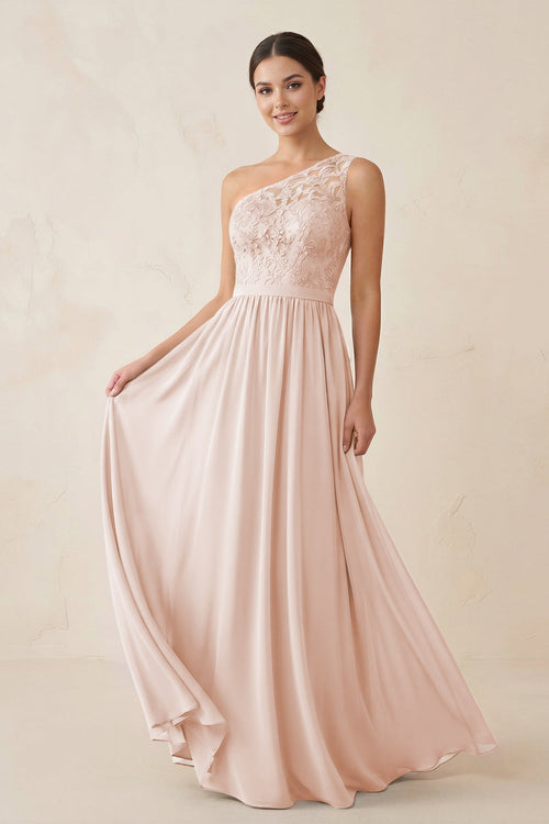 One - Shoulder Lace Chiffon A - Line Bridesmaid Dress in Pale Blush - KISS BRIDAL Bridesmaid Dresses