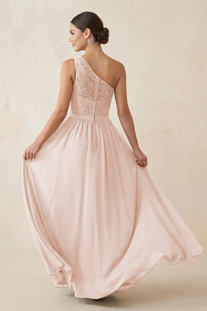 One - Shoulder Lace Chiffon A - Line Bridesmaid Dress in Pale Blush - KISS BRIDAL Bridesmaid Dresses