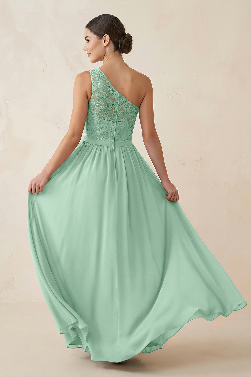 One-Shoulder Lace Chiffon A-Line Bridesmaid Dress in Pale Pistachio