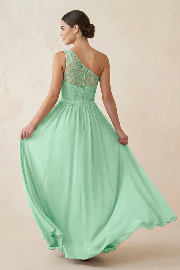 One - Shoulder Lace Chiffon A - Line Bridesmaid Dress in Pale Pistachio - KISS BRIDAL Bridesmaid Dresses