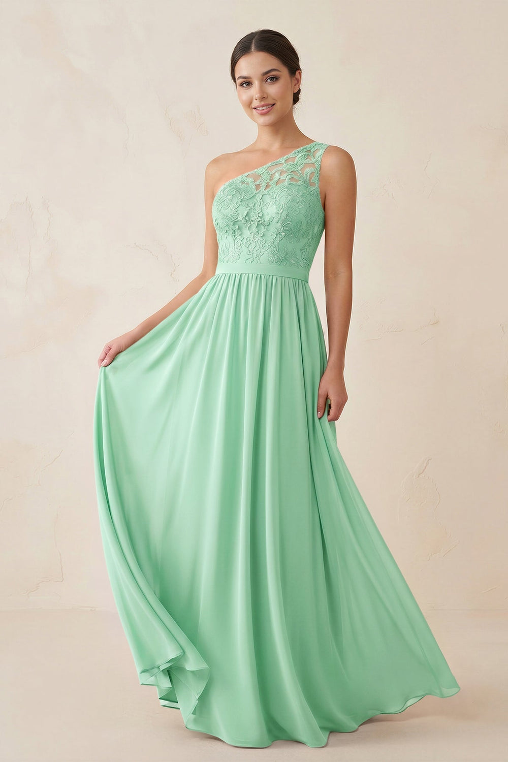 One - Shoulder Lace Chiffon A - Line Bridesmaid Dress in Pale Pistachio - KISS BRIDAL Bridesmaid Dresses