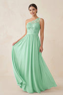 One - Shoulder Lace Chiffon A - Line Bridesmaid Dress in Pale Pistachio - KISS BRIDAL Bridesmaid Dresses