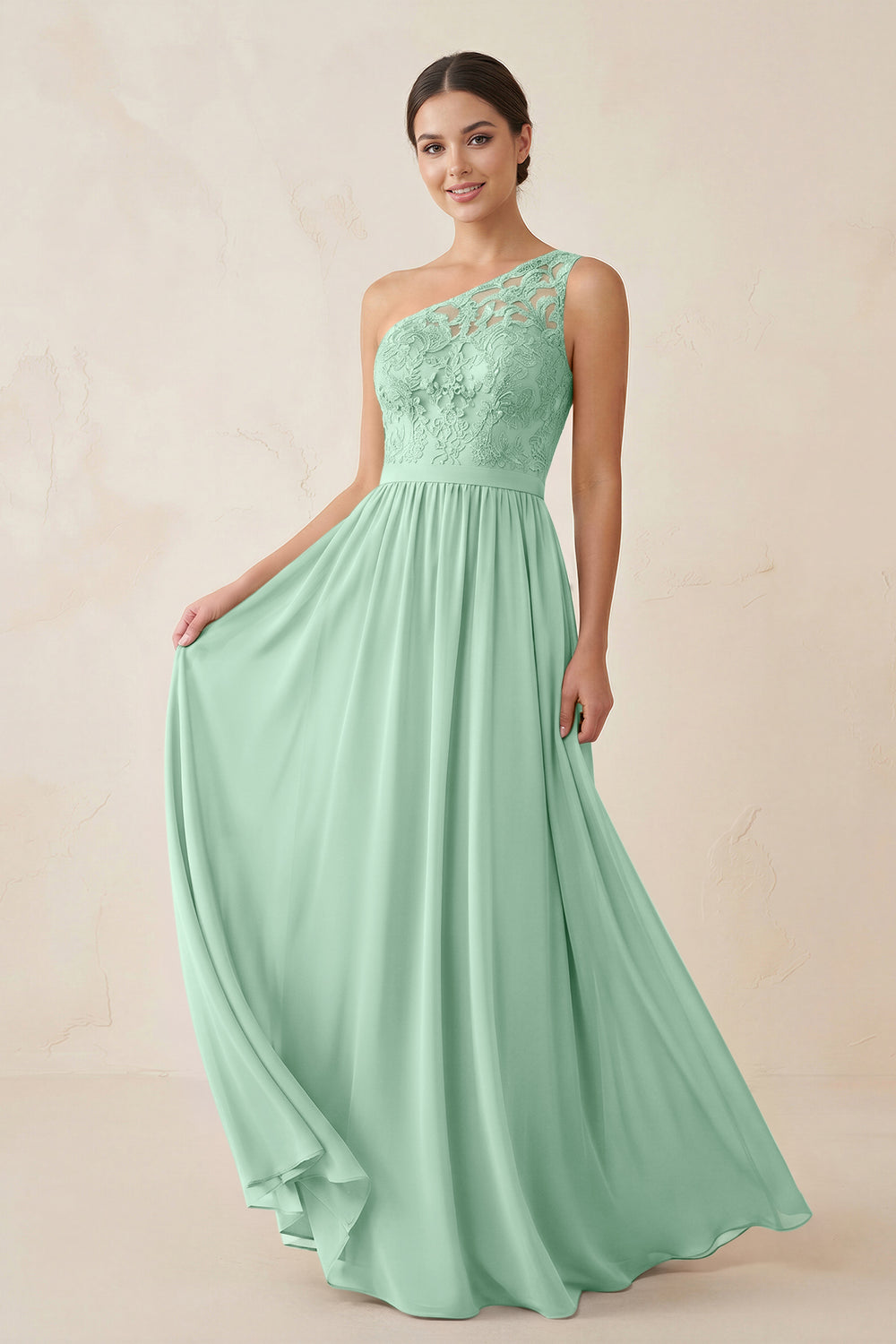 One-Shoulder Lace Chiffon A-Line Bridesmaid Dress in Pale Pistachio