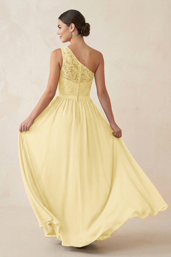 One - Shoulder Lace Chiffon A - Line Bridesmaid Dress in Pastel Yellow - KISS BRIDAL Bridesmaid Dresses