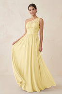 One - Shoulder Lace Chiffon A - Line Bridesmaid Dress in Pastel Yellow - KISS BRIDAL Bridesmaid Dresses