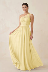 One - Shoulder Lace Chiffon A - Line Bridesmaid Dress in Pastel Yellow - KISS BRIDAL Bridesmaid Dresses