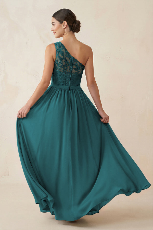 One - Shoulder Lace Chiffon A - Line Bridesmaid Dress in Pine - KISS BRIDAL Bridesmaid Dresses