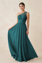 One - Shoulder Lace Chiffon A - Line Bridesmaid Dress in Pine - KISS BRIDAL Bridesmaid Dresses