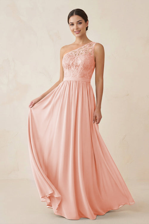 One - Shoulder Lace Chiffon A - Line Bridesmaid Dress in Rose Petal - KISS BRIDAL Bridesmaid Dresses