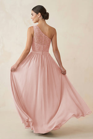One-Shoulder Lace Chiffon A-Line Bridesmaid Dress in Rose Petal (2) | KISSBRIDAL
