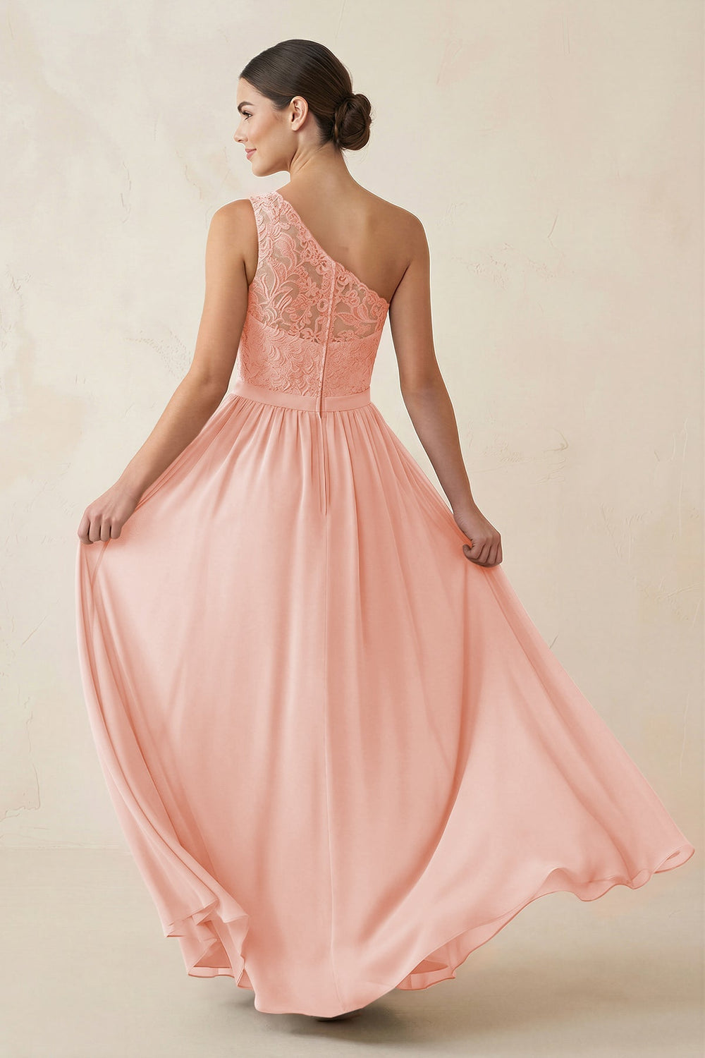 One - Shoulder Lace Chiffon A - Line Bridesmaid Dress in Rose Petal - KISS BRIDAL Bridesmaid Dresses