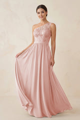 One-Shoulder Lace Chiffon A-Line Bridesmaid Dress in Rose Petal | KISSBRIDAL