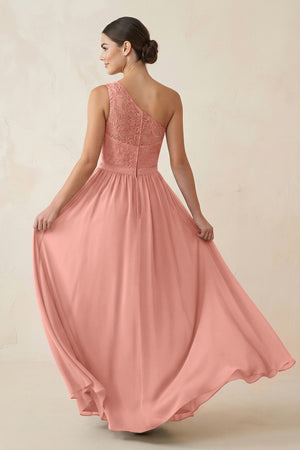 One-Shoulder Lace Chiffon A-Line Bridesmaid Dress in Rosette (2) | KISSBRIDAL