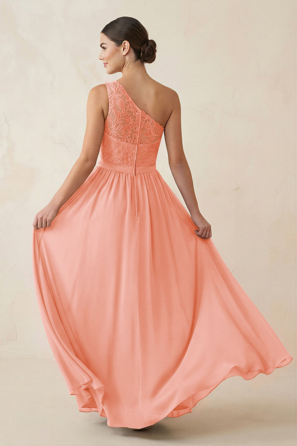 One - Shoulder Lace Chiffon A - Line Bridesmaid Dress in Rosette - KISS BRIDAL Bridesmaid Dresses