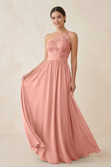 One-Shoulder Lace Chiffon A-Line Bridesmaid Dress in Rosette | KISSBRIDAL
