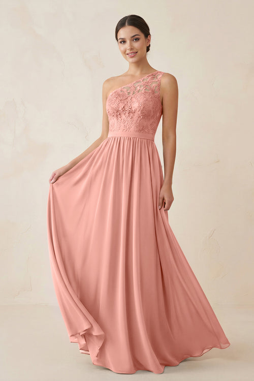 One-Shoulder Lace Chiffon A-Line Bridesmaid Dress in Rosette | KISSBRIDAL