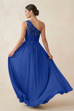 One - Shoulder Lace Chiffon A - Line Bridesmaid Dress in Royal Blue - KISS BRIDAL Bridesmaid Dresses