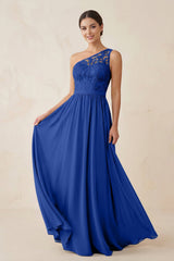 One - Shoulder Lace Chiffon A - Line Bridesmaid Dress in Royal Blue - KISS BRIDAL Bridesmaid Dresses