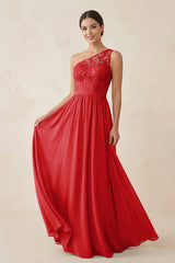 One - Shoulder Lace Chiffon A - Line Bridesmaid Dress in Ruby Red - KISS BRIDAL Bridesmaid Dresses