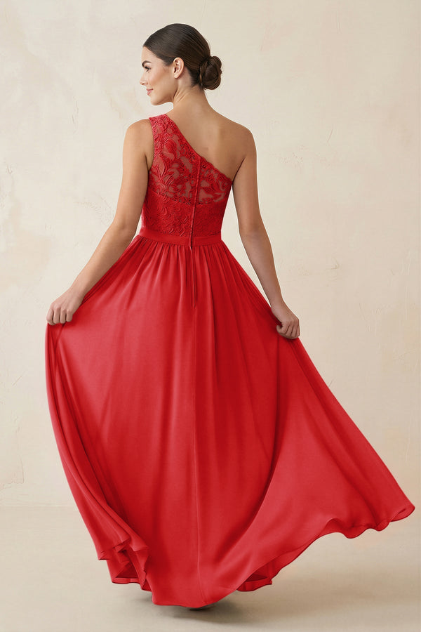One - Shoulder Lace Chiffon A - Line Bridesmaid Dress in Ruby Red - SHE IS ME Bridesmaid Dresses