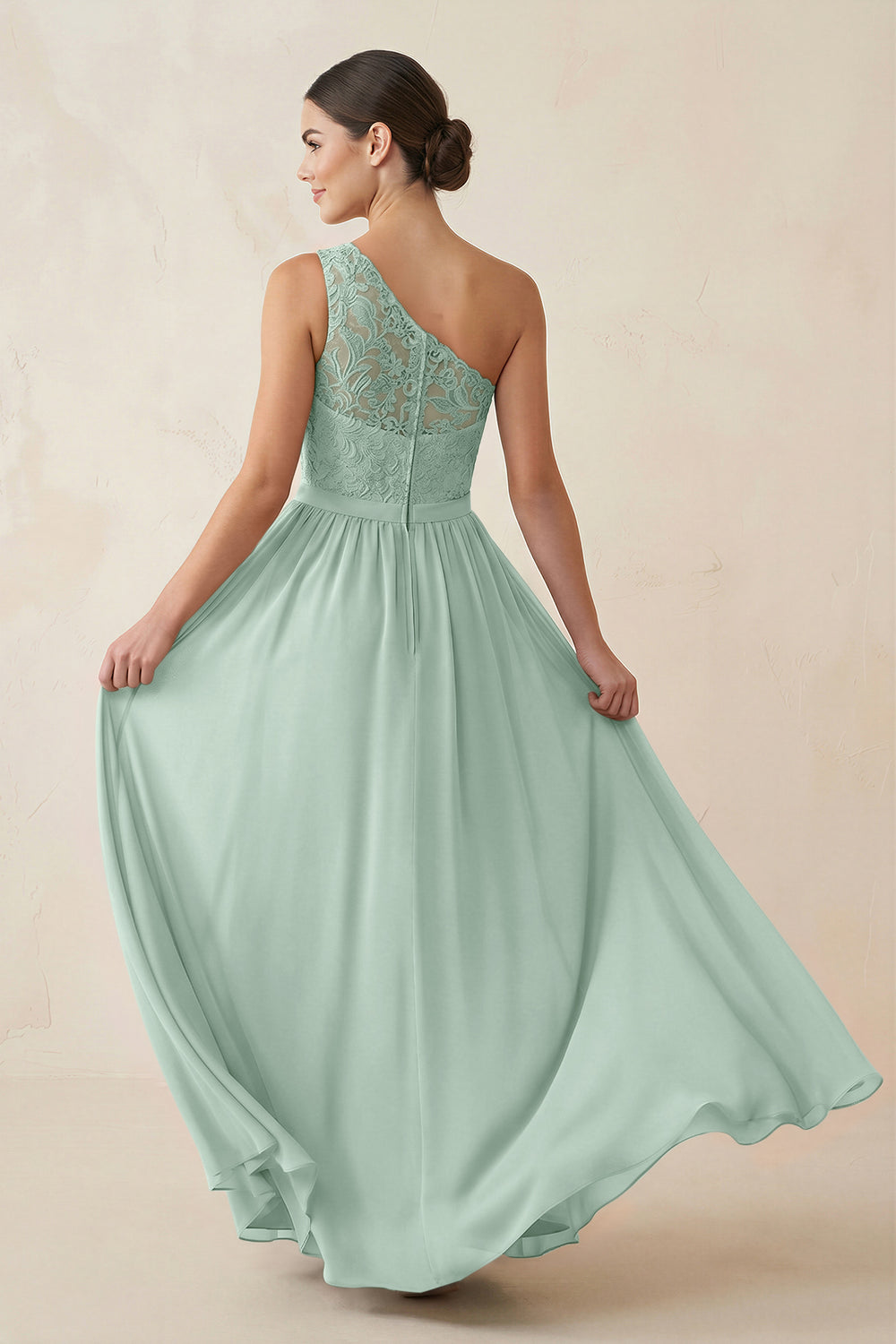 One-Shoulder Lace Chiffon A-Line Bridesmaid Dress in Sage