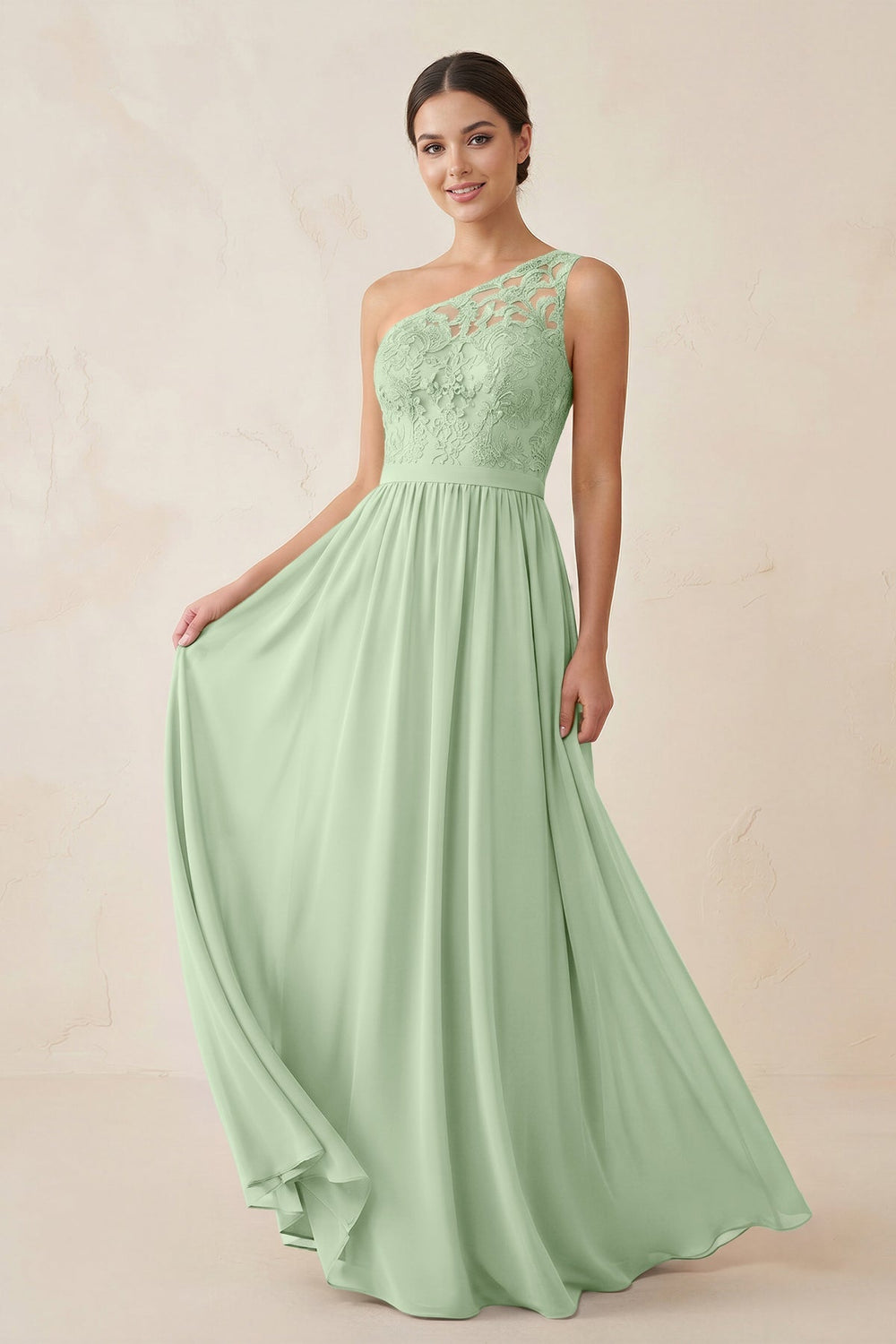 One - Shoulder Lace Chiffon A - Line Bridesmaid Dress in Sage - KISS BRIDAL Bridesmaid Dresses