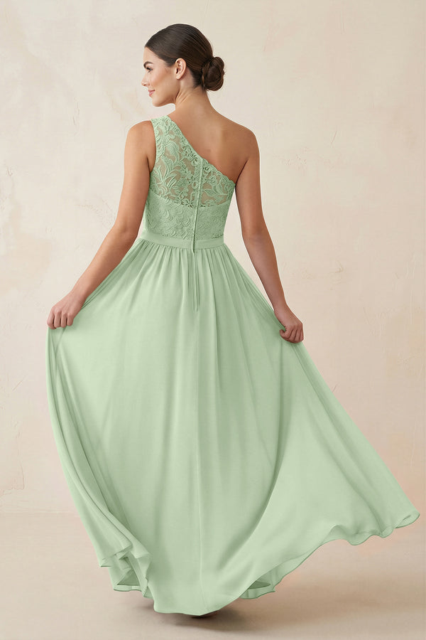 One - Shoulder Lace Chiffon A - Line Bridesmaid Dress in Sage - KISS BRIDAL Bridesmaid Dresses