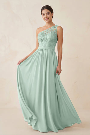 One-Shoulder Lace Chiffon A-Line Bridesmaid Dress in Sage | KISSBRIDAL