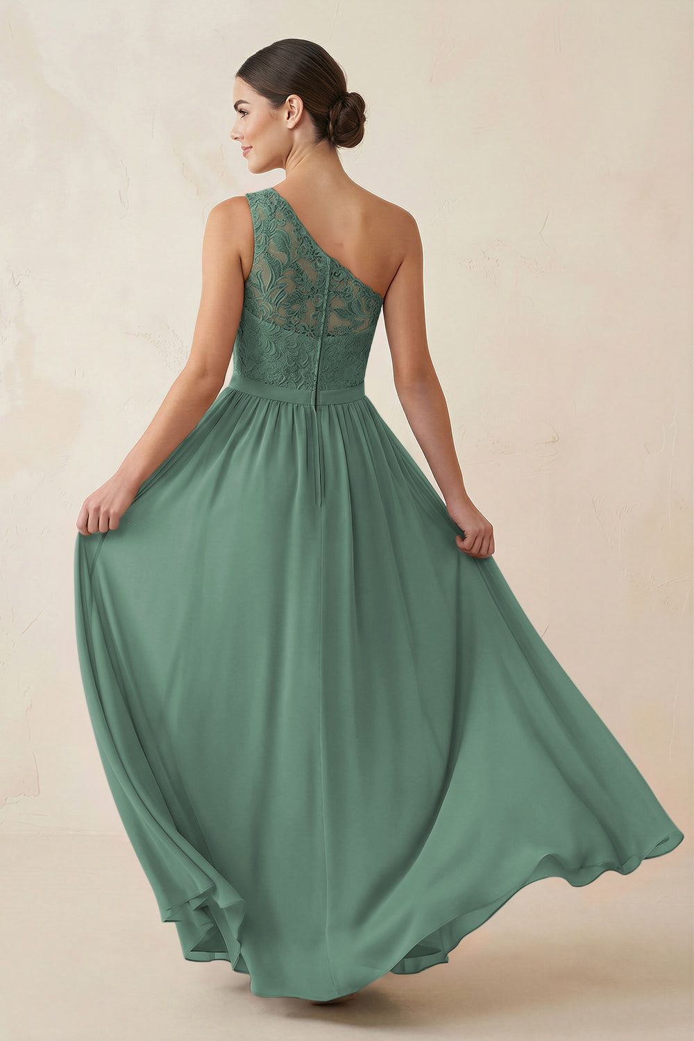 One-Shoulder Lace Chiffon A-Line Bridesmaid Dress in Sea Glass