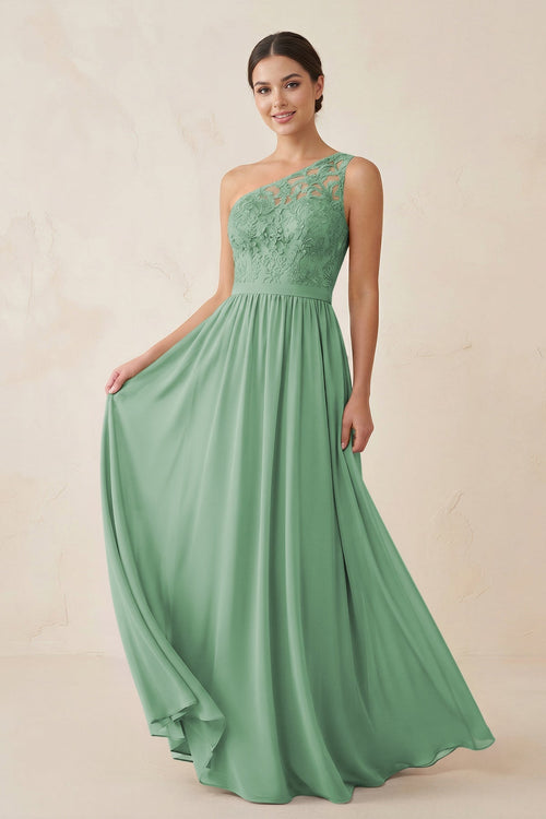 One - Shoulder Lace Chiffon A - Line Bridesmaid Dress in Sea Glass - KISS BRIDAL Bridesmaid Dresses
