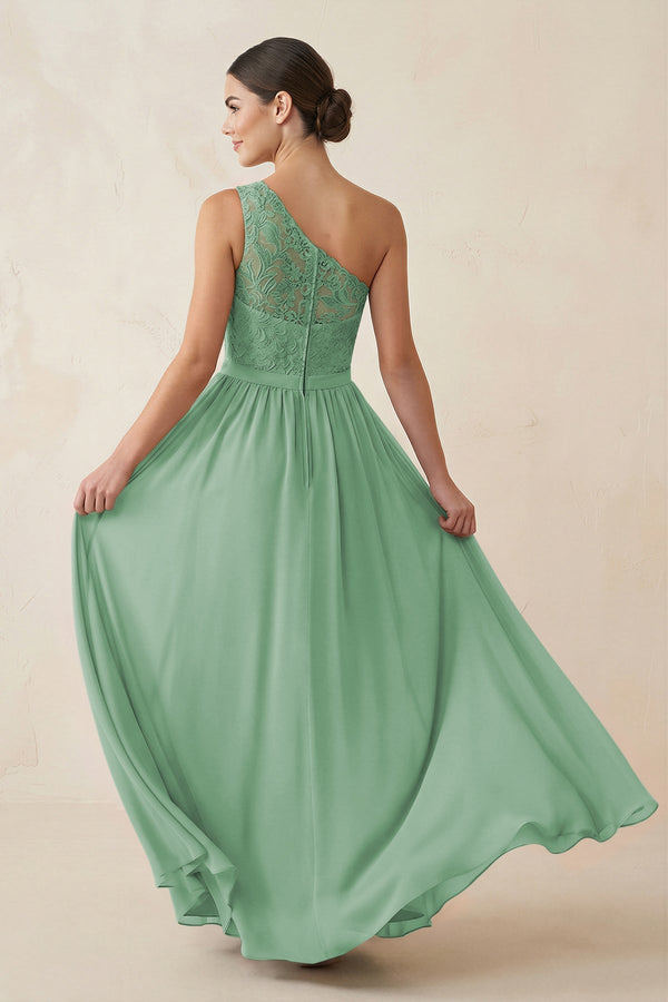 One - Shoulder Lace Chiffon A - Line Bridesmaid Dress in Sea Glass - KISS BRIDAL Bridesmaid Dresses