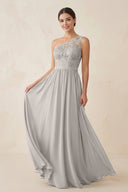 One - Shoulder Lace Chiffon A - Line Bridesmaid Dress in Silver - SHE IS ME Bridesmaid Dresses