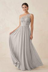 One - Shoulder Lace Chiffon A - Line Bridesmaid Dress in Silver - KISS BRIDAL Bridesmaid Dresses