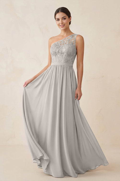 One - Shoulder Lace Chiffon A - Line Bridesmaid Dress in Silver - SHE IS ME Bridesmaid Dresses
