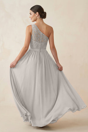 One - Shoulder Lace Chiffon A - Line Bridesmaid Dress in Silver - SHE IS ME Bridesmaid Dresses