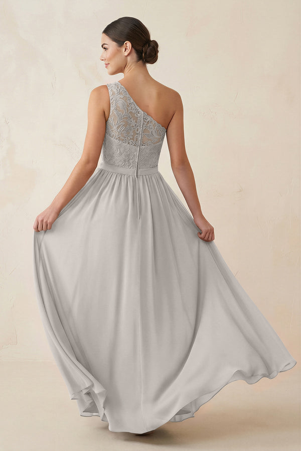 One - Shoulder Lace Chiffon A - Line Bridesmaid Dress in Silver - SHE IS ME Bridesmaid Dresses